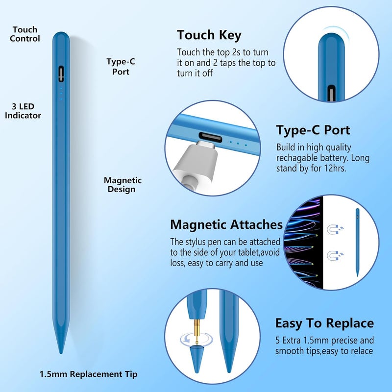 TaIYanG Stylus Pen for iPad 2018-2025 with Palm Rejection,Faster Charge,Tilt Sensitivity iPad Pencil Compatible with A16/10th/9th/8th/7th/6th,Pro 11/13in (M4),Air M3/M2/5th/4th,Pro 11/12.9in,Mini 6/5 (Blue) - Image 5